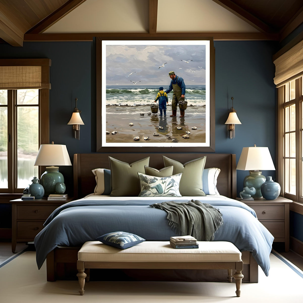 Father & Son Oyster Print: Vintage Coastal Painting (Digital Download)