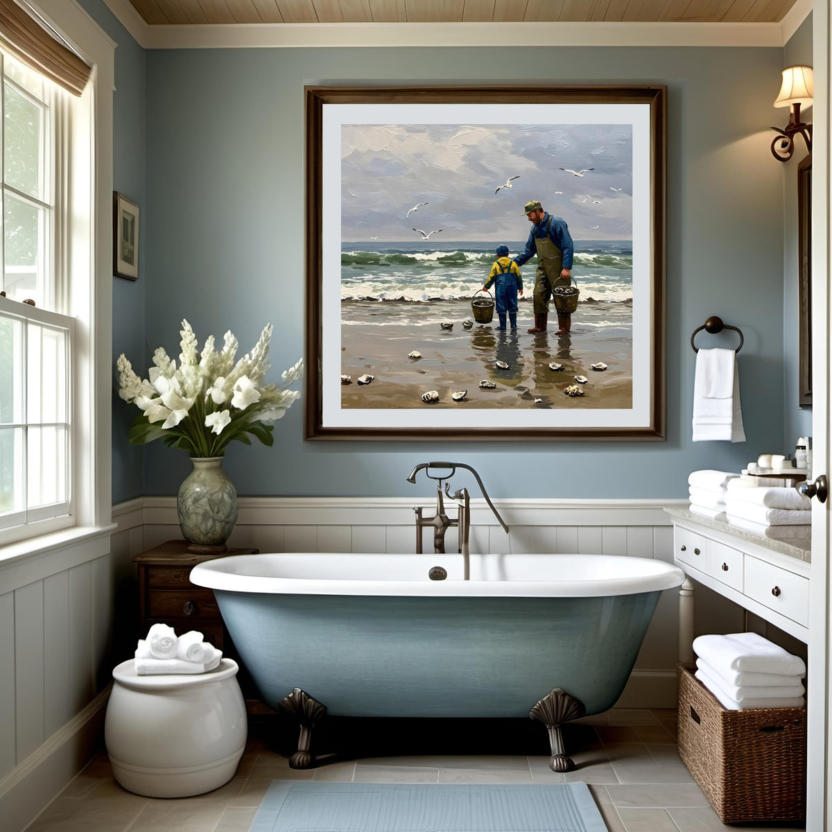 Father & Son Oyster Print: Vintage Coastal Painting (Digital Download)