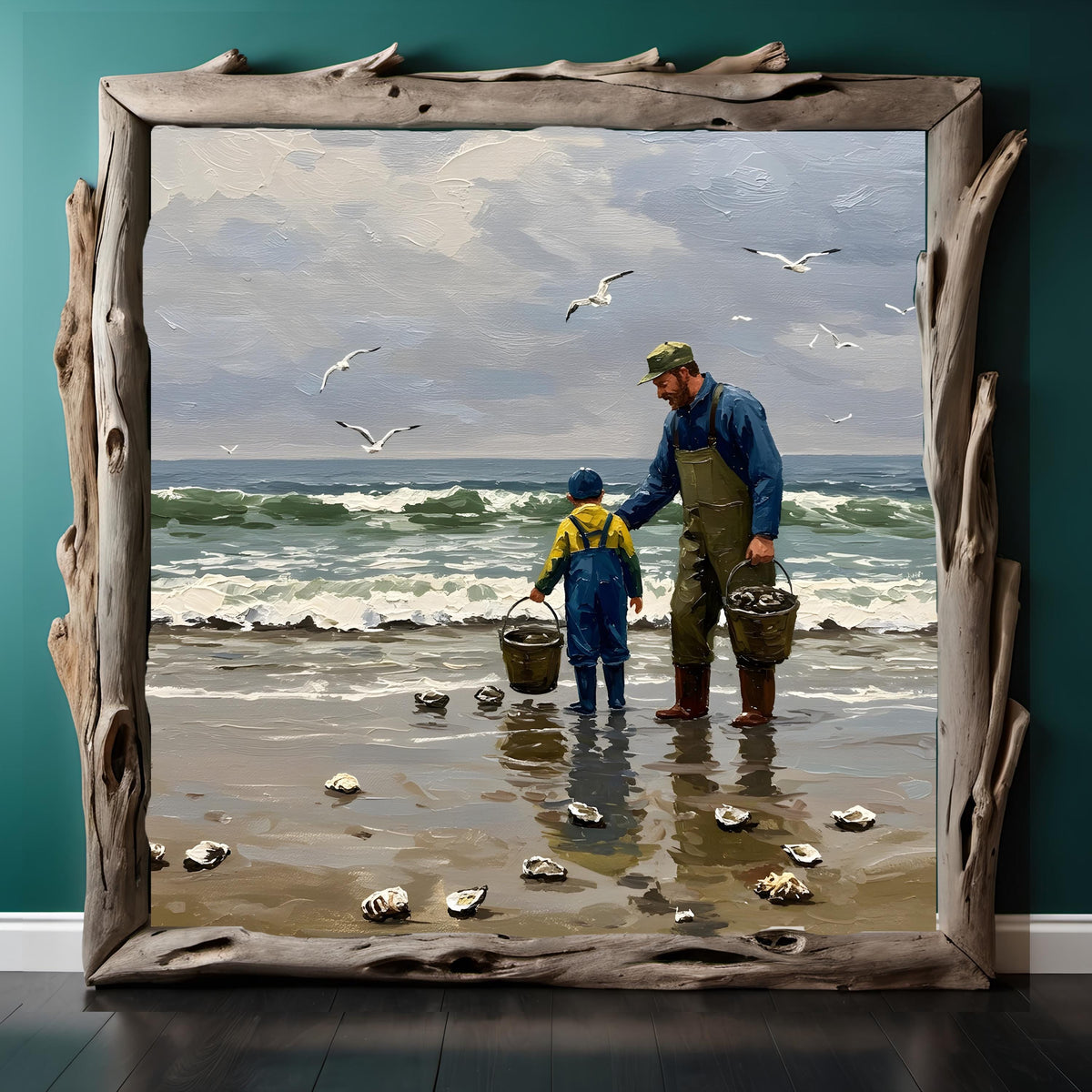Father & Son Oyster Print: Vintage Coastal Painting (Digital Download)