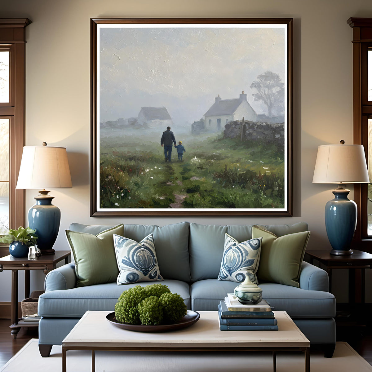 Father & Son Foggy Landscape Art Print: Nostalgic Vintage Painting (Digital Download