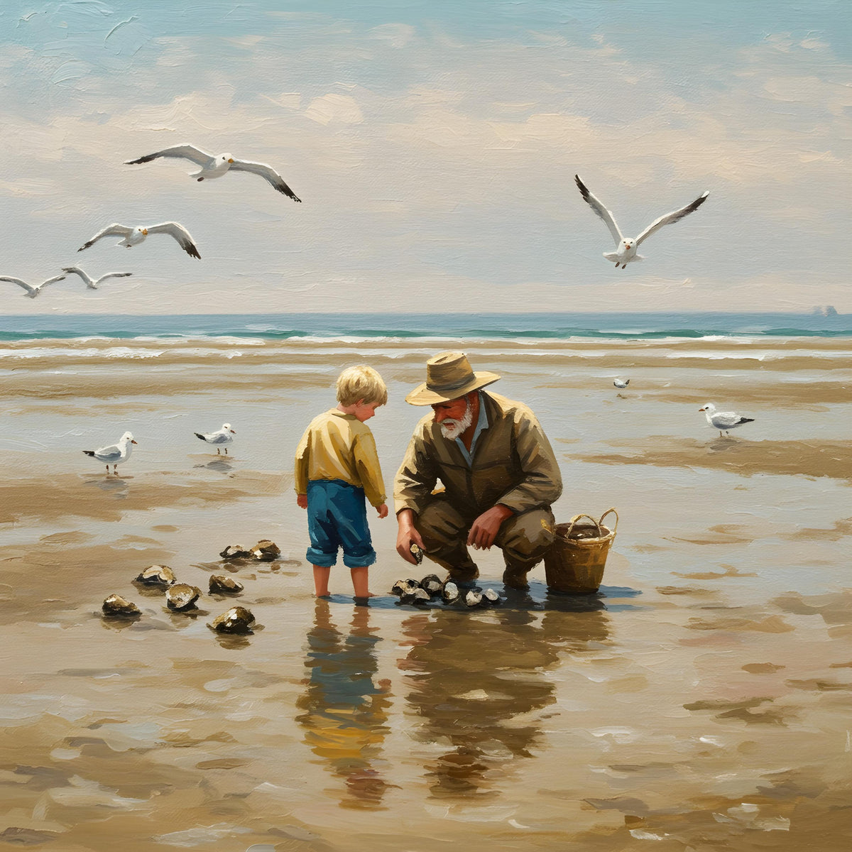 Seaside Grandfather & Grandson Oyster Harvest Painting (Digital Download)