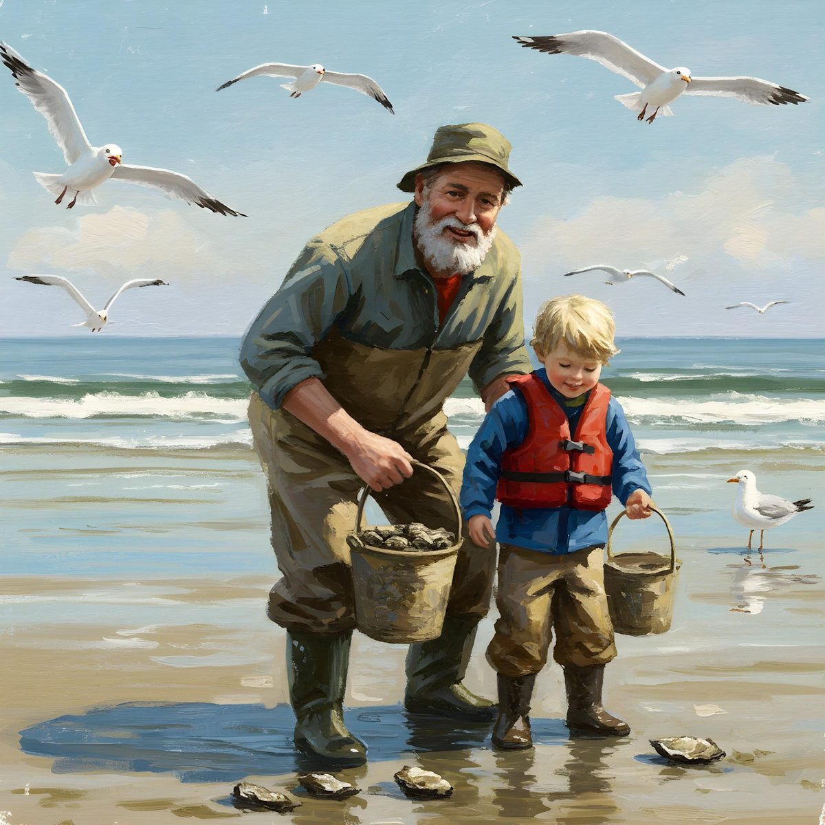 Grandfather & Grandson Oyster Harvest: Coastal Art Print (Digital Download)