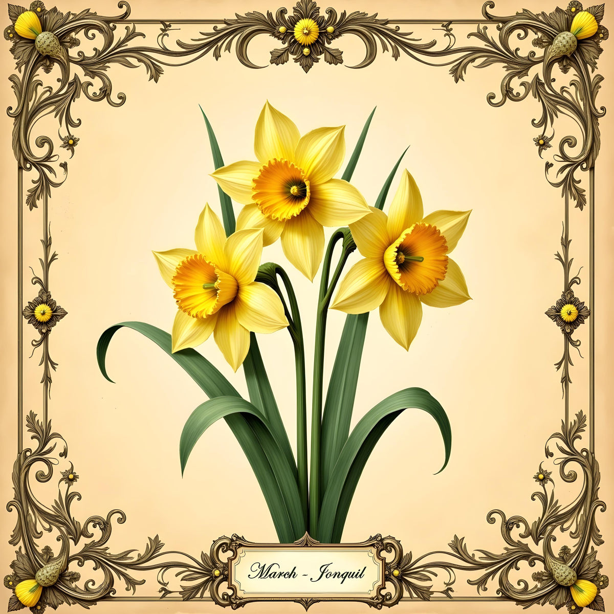 Vintage Daffodil Flower Print: March Birth Flower Sign (Digital Download, 40x40in Max)