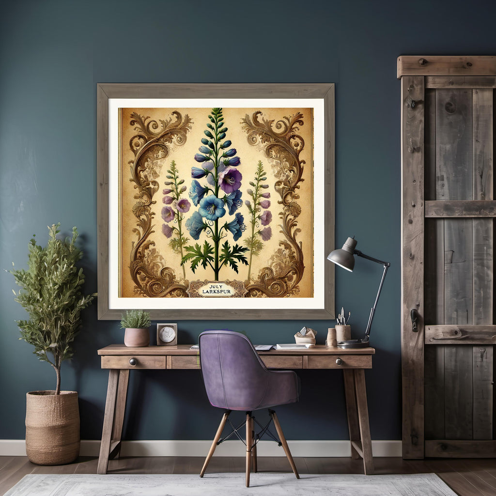 July Larkspur Birth Flower Print, Vintage Botanical Art (Digital Download)