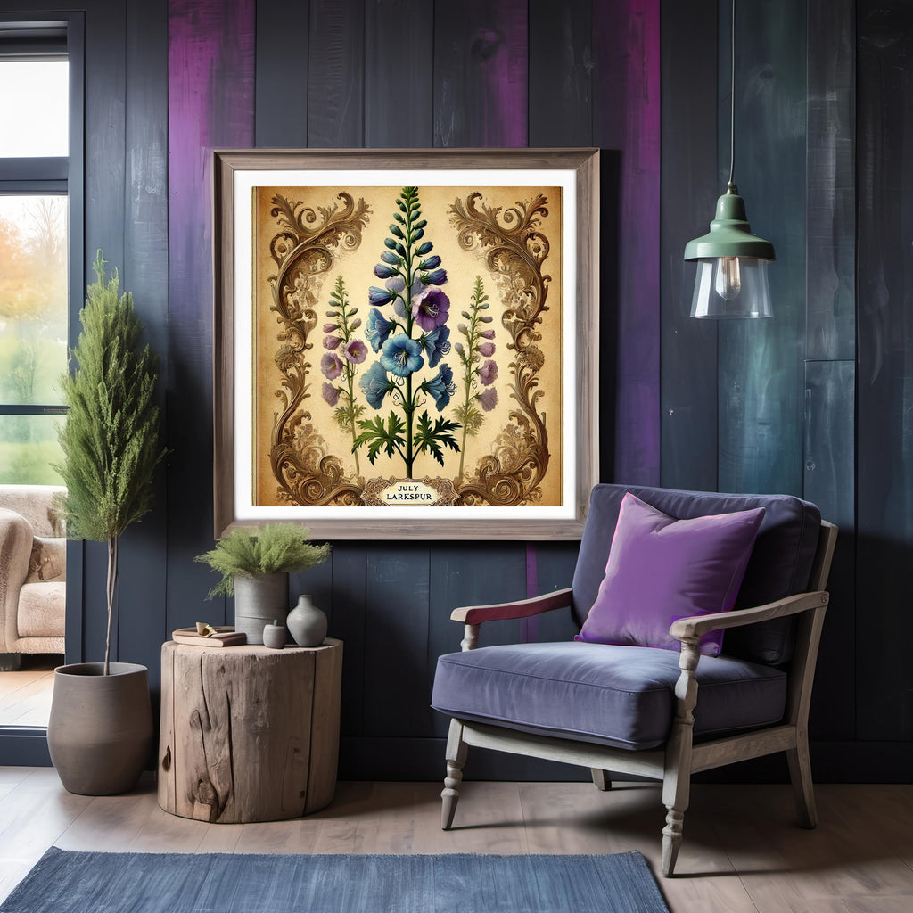 July Larkspur Birth Flower Print, Vintage Botanical Art (Digital Download)