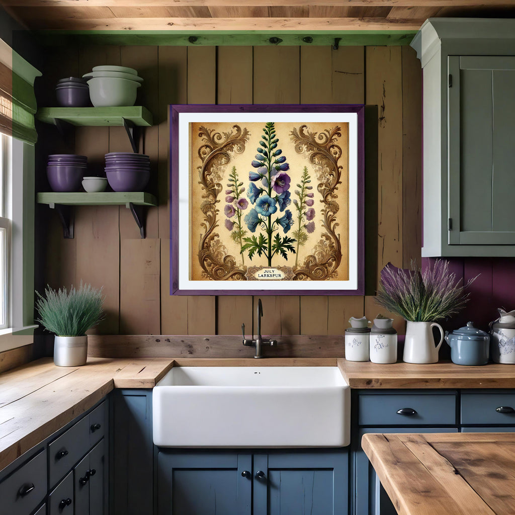 July Larkspur Birth Flower Print, Vintage Botanical Art (Digital Download)