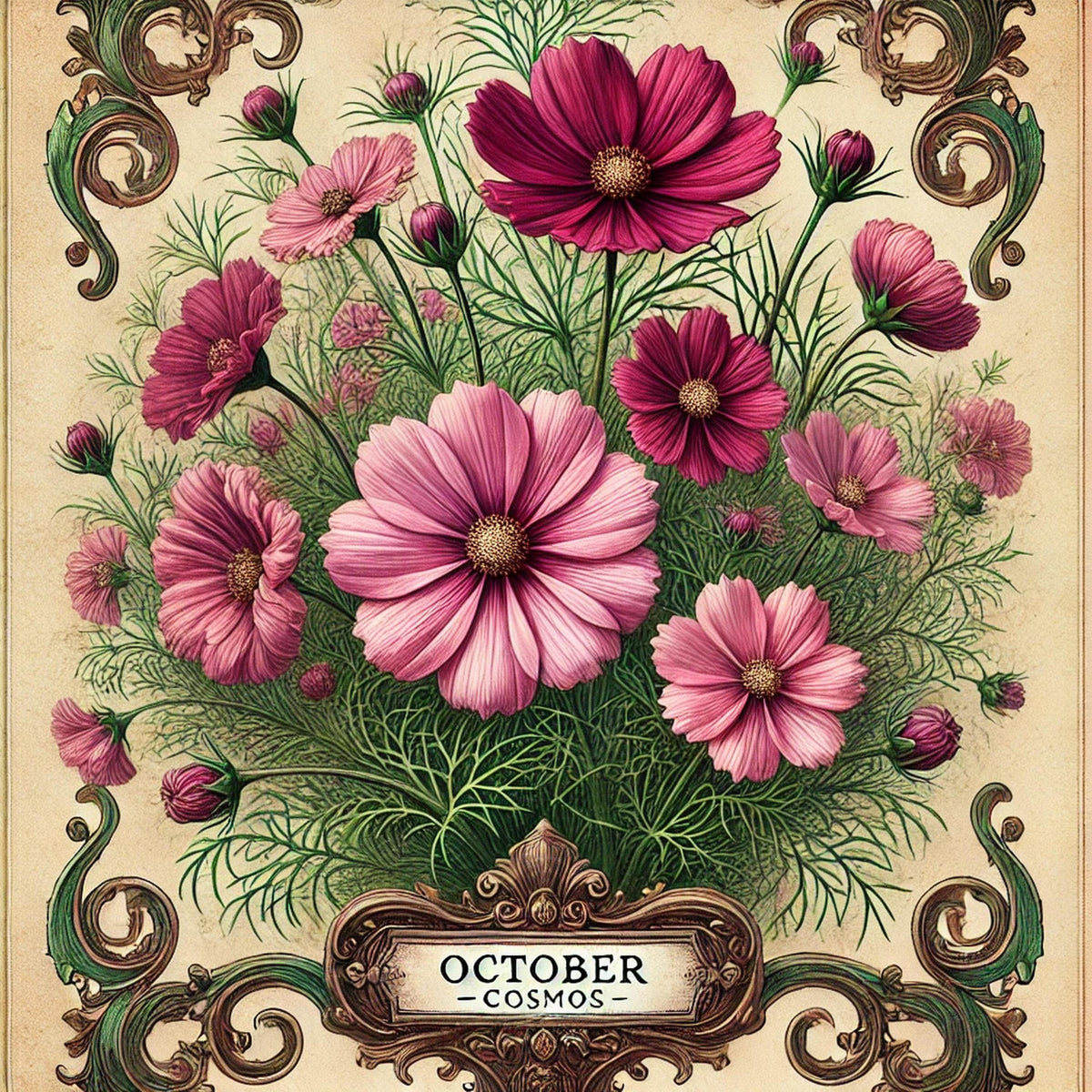 October Birth Flower Print: Vintage Pink Cosmos Floral Art (Digital Download)