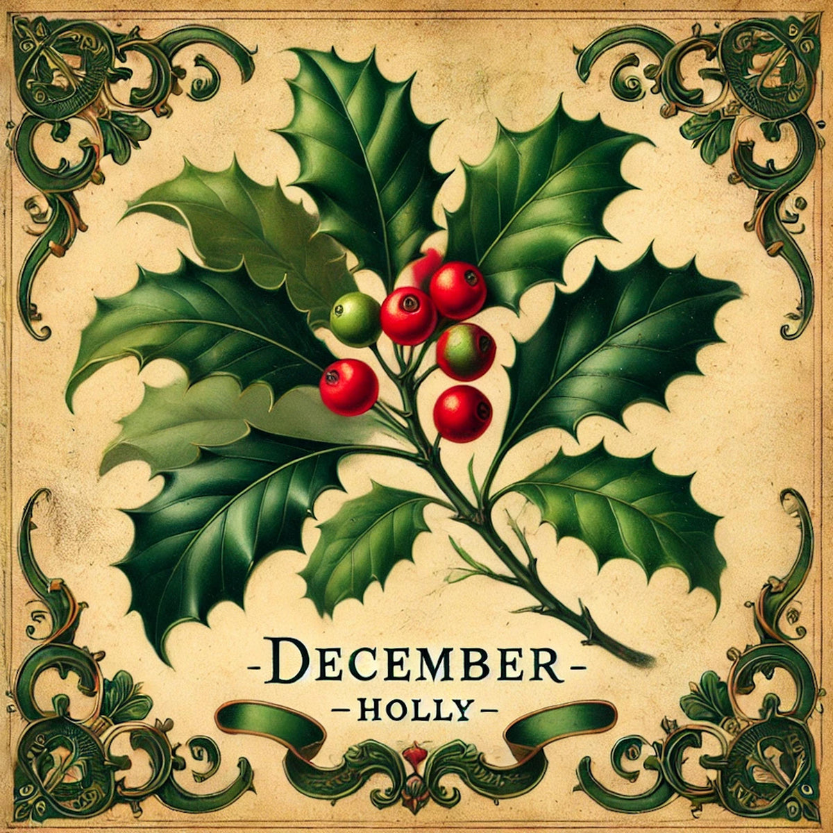 December Birth Flower Holly Print: Vintage Christmas Botanical Art (Digital Download)