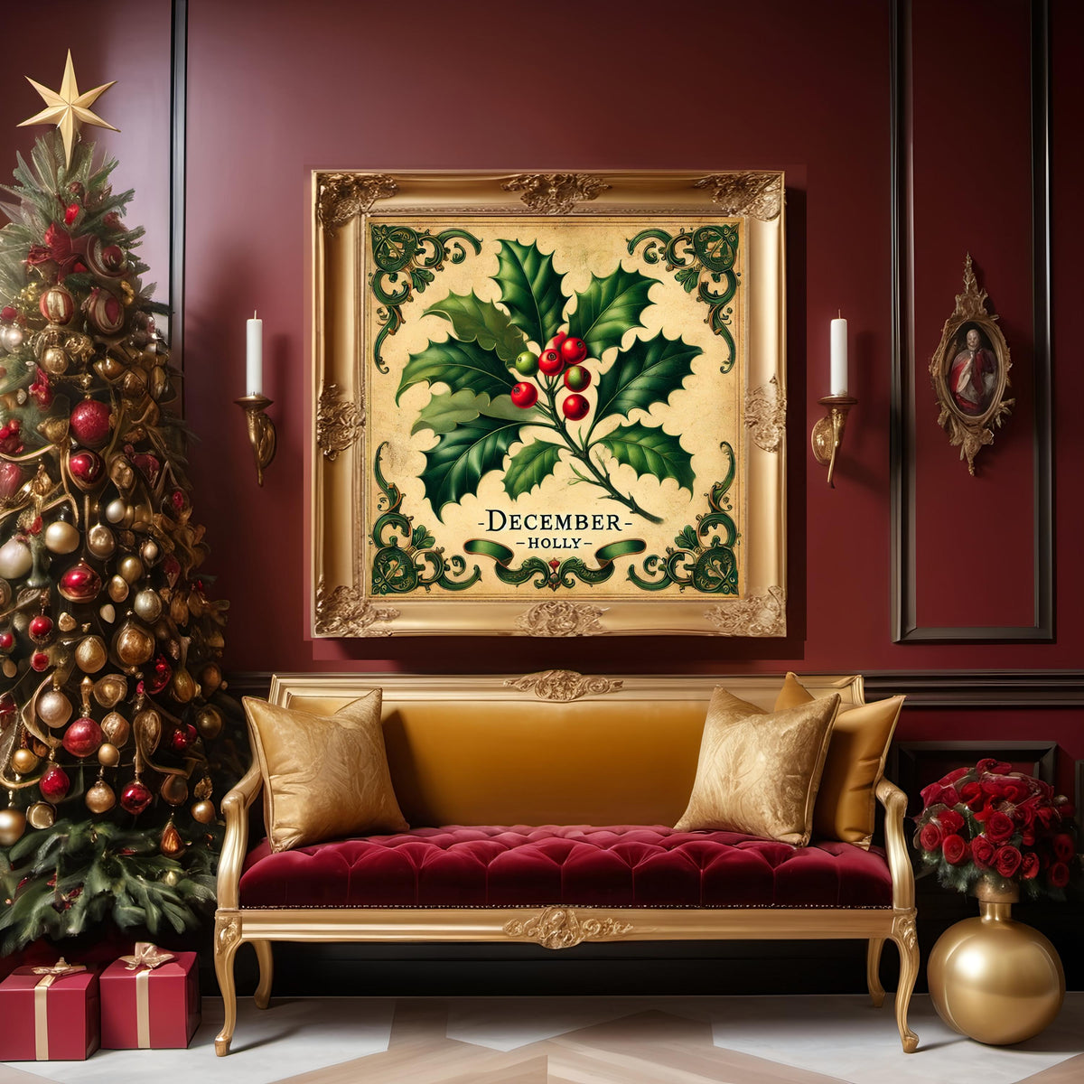 December Birth Flower Holly Print: Vintage Christmas Botanical Art (Digital Download)