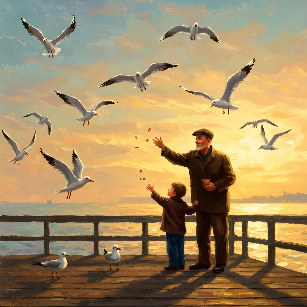 Seagull Sunset Print: Grandfather & Grandson Pier Art (Digital Download)