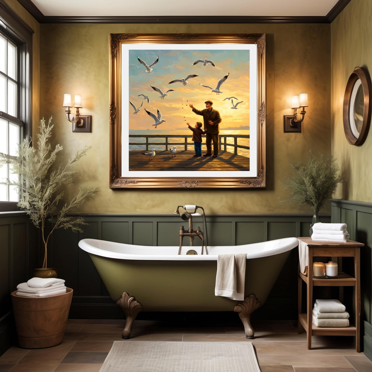 Seagull Sunset Print: Grandfather & Grandson Pier Art (Digital Download)