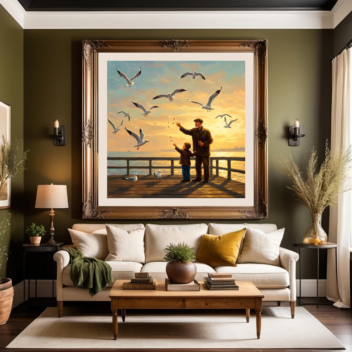 Seagull Sunset Print: Grandfather & Grandson Pier Art (Digital Download)