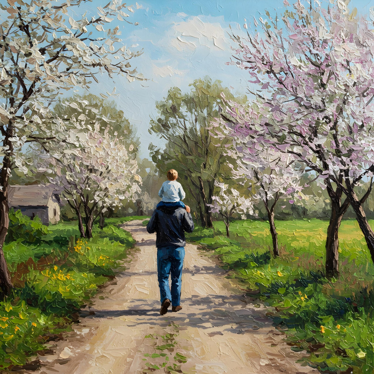Father and Son Spring Walk Art Print: Vintage Countryside Scene (Digital Download)