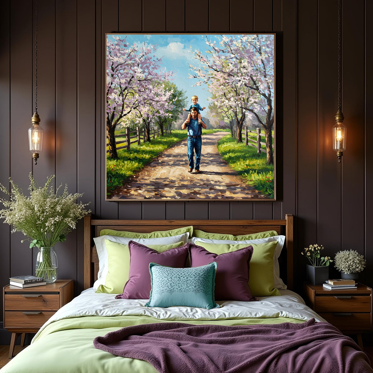 Father & Son Spring Walk Painting: Vintage Style Art Print (Digital Download)