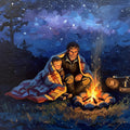 Father and Child Campfire Print: Vintage Painterly Starry Sky (Digital Download)