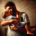 Father and Child Embrace Art: Rustic Painterly Print (Digital Download)