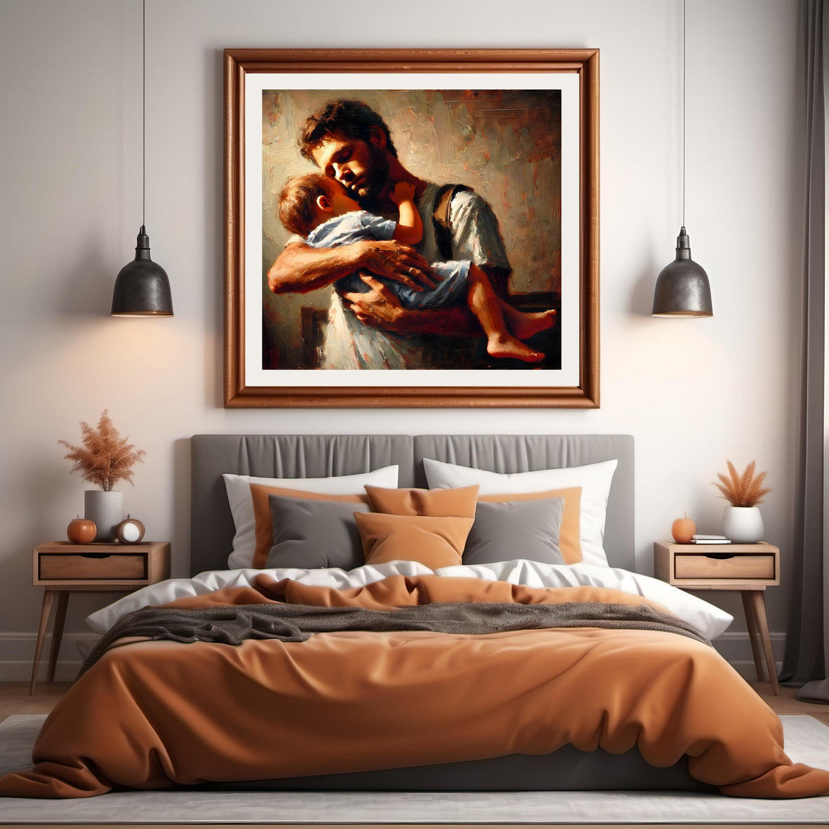 Father and Child Embrace Art: Rustic Painterly Print (Digital Download)