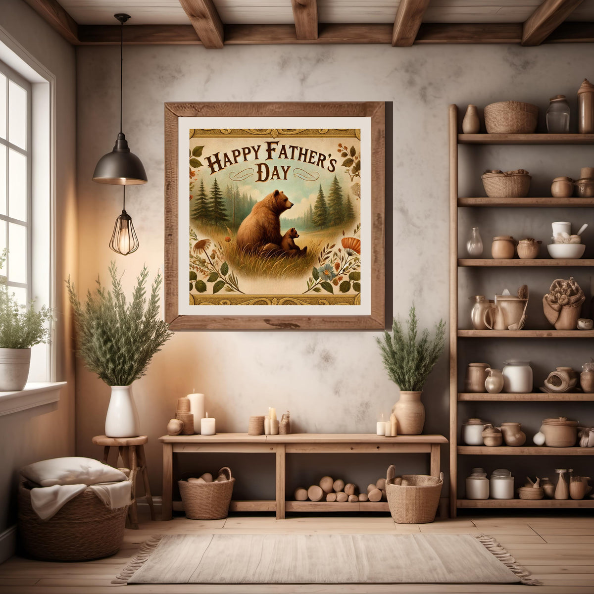 Vintage Father's Day Bear Print: Rustic Forest Scene (Digital Download, 30x30 inches