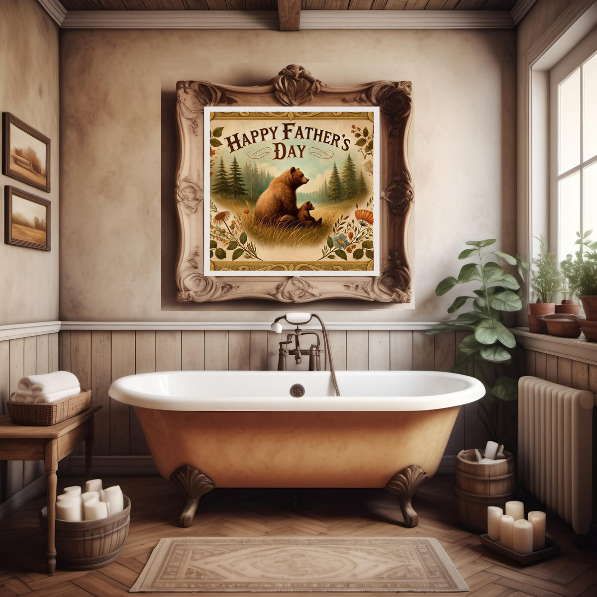 Vintage Father's Day Bear Print: Rustic Forest Scene (Digital Download, 30x30 inches