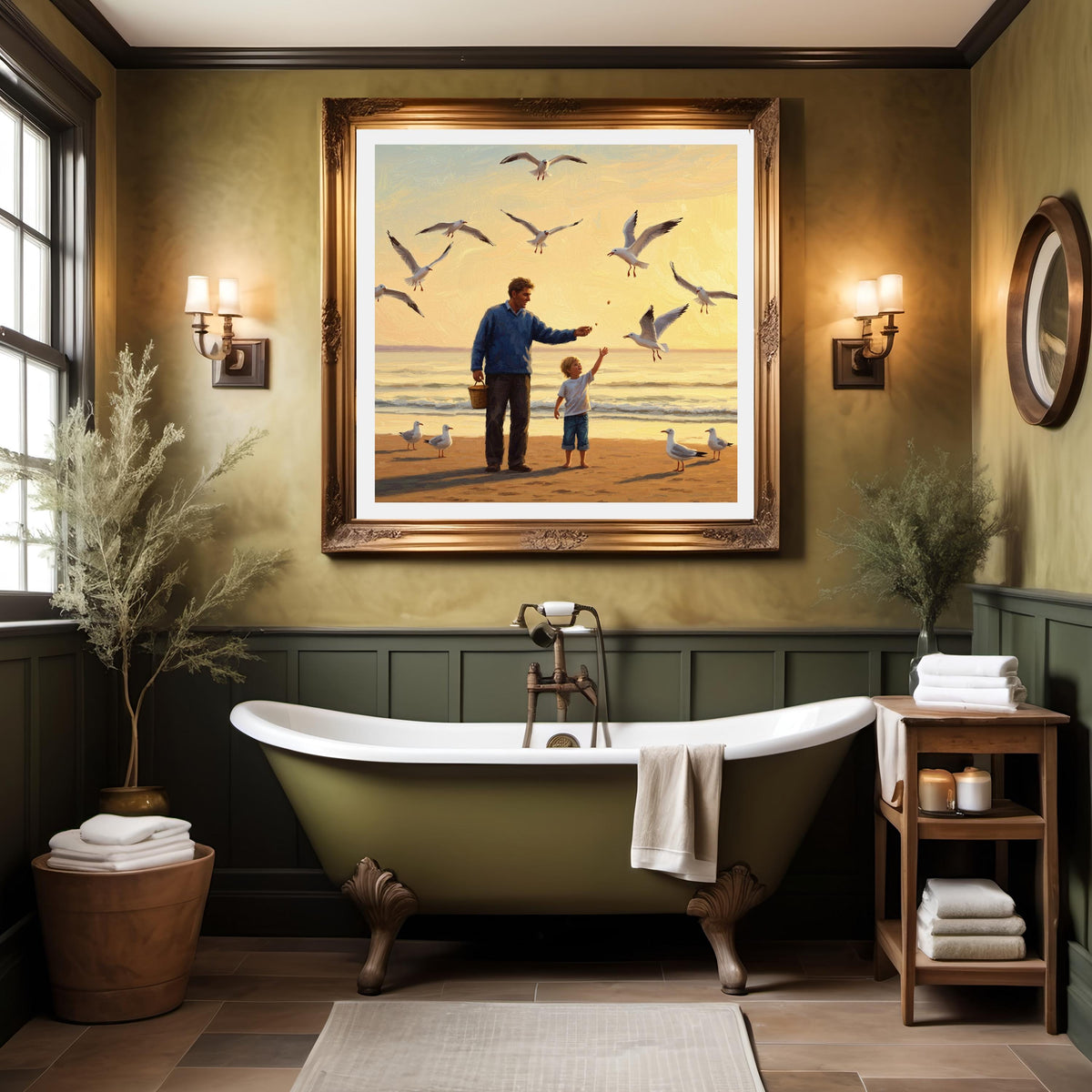 Father and Child Seagull Painting: Coastal Sunset Art (Digital Download)