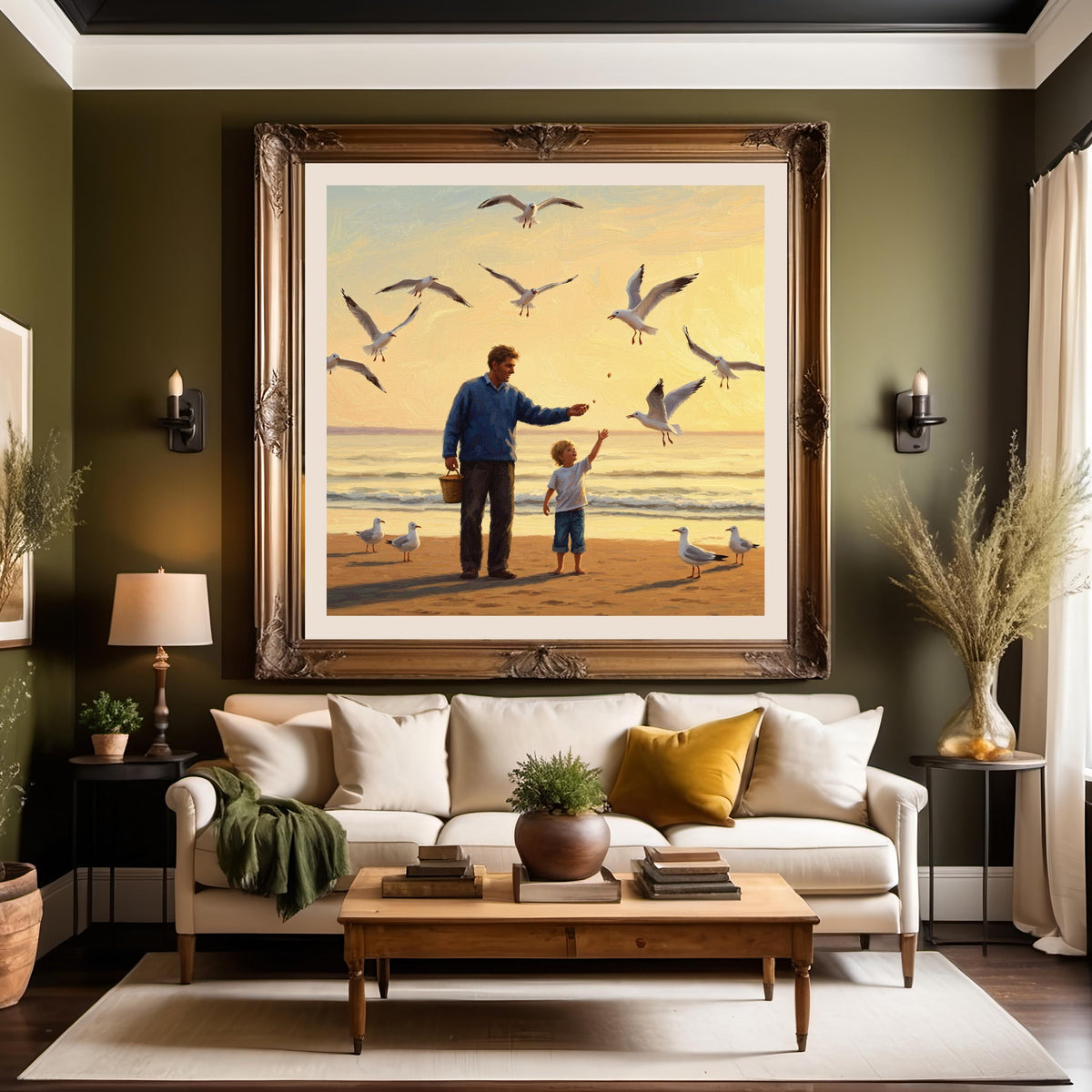 Father and Child Seagull Painting: Coastal Sunset Art (Digital Download)