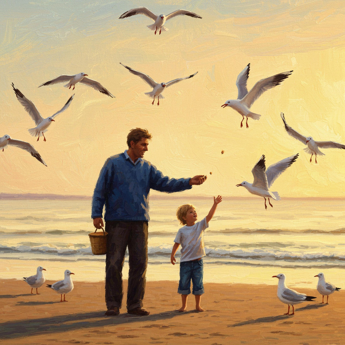 Father and Child Seagull Painting: Coastal Sunset Art (Digital Download)