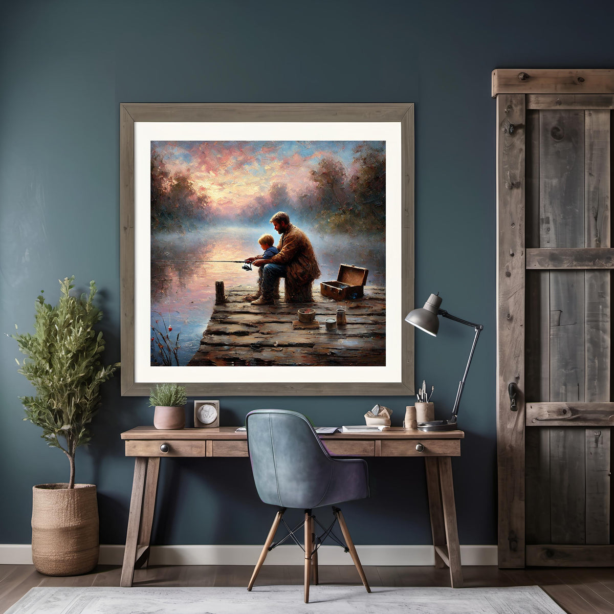 Father and Son Fishing Print: Sunset Lake Art, Rustic Dock Scene (Digital Download)