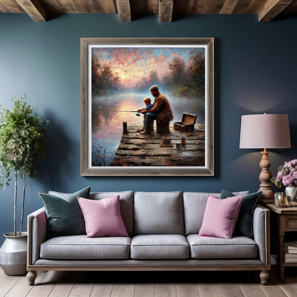 Father and Son Fishing Print: Sunset Lake Art, Rustic Dock Scene (Digital Download)