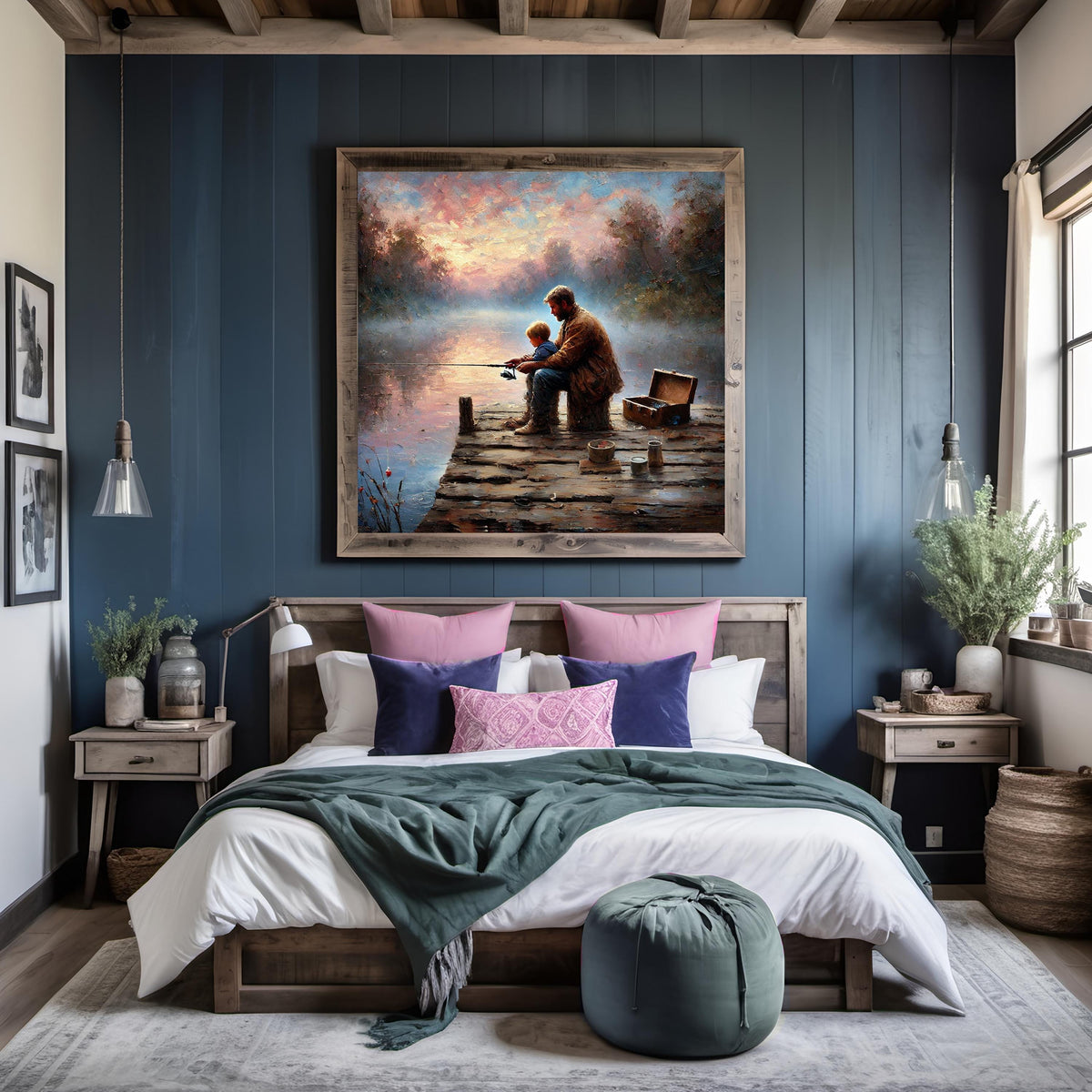 Father and Son Fishing Print: Sunset Lake Art, Rustic Dock Scene (Digital Download)