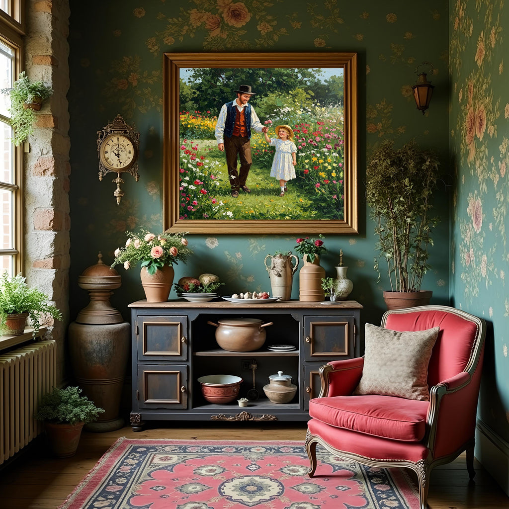 Father & Daughter Wildflower Garden Print: Vintage Father's Day Wall Art (Digital Download)