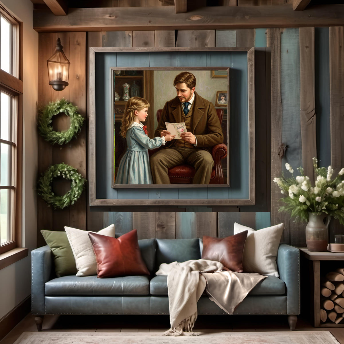 Vintage Father's Day Art Print: Girl Giving Card to Dad (Digital Download)