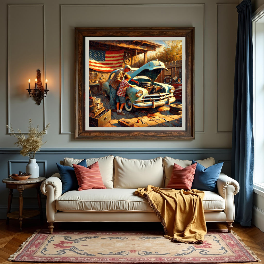 Vintage Father & Son Garage Art Print: Rustic Car Repair Scene (Digital Download)