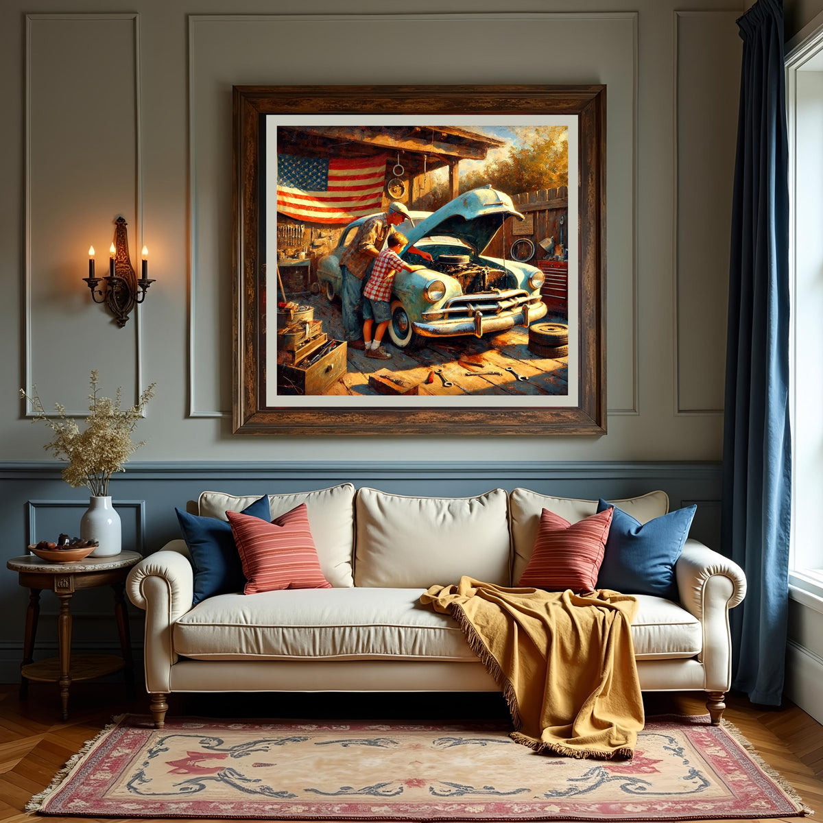 Vintage Father & Son Garage Art Print: Rustic Car Repair Scene (Digital Download)