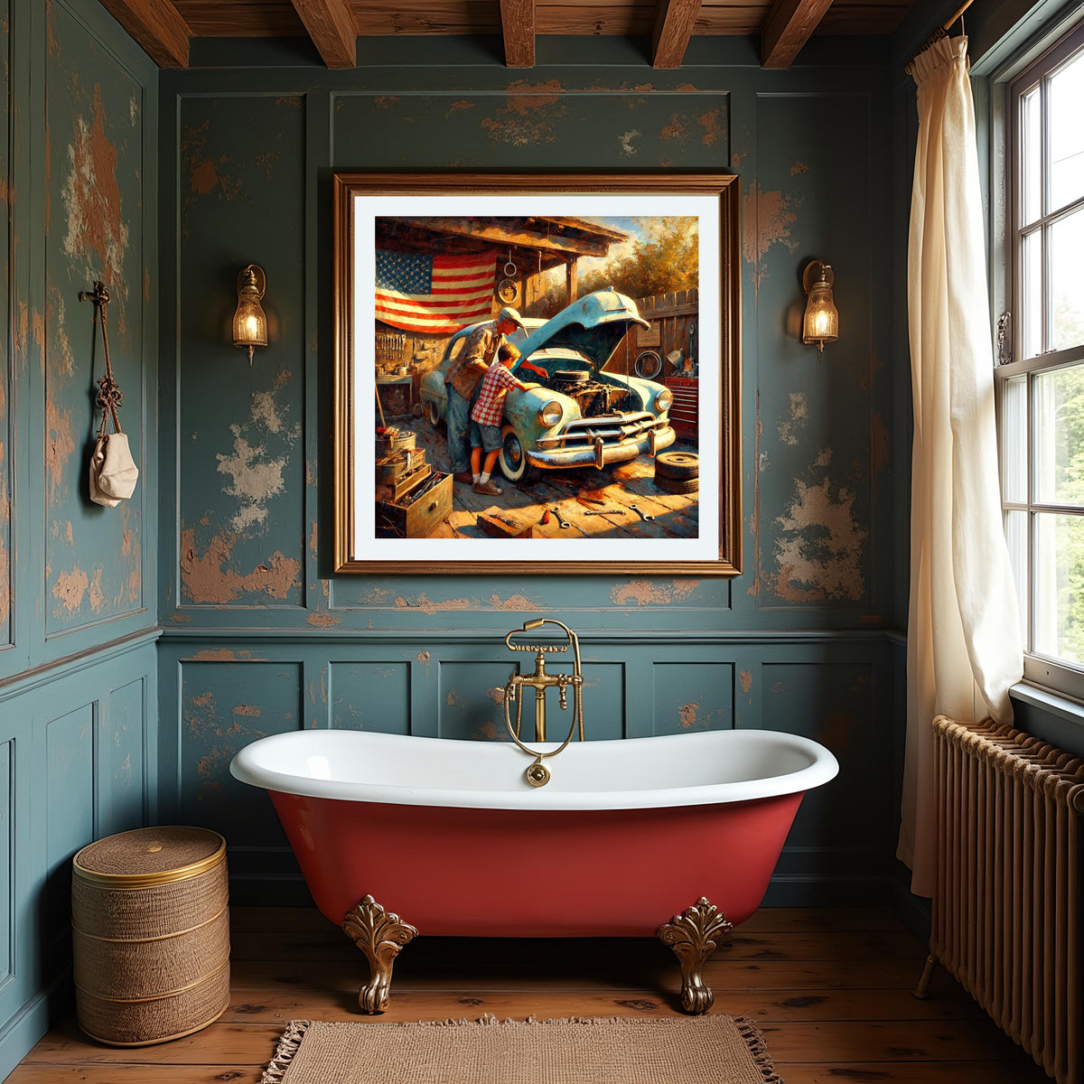 Vintage Father & Son Garage Art Print: Rustic Car Repair Scene (Digital Download)
