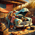 Vintage Father & Son Garage Art Print: Rustic Car Repair Scene (Digital Download)