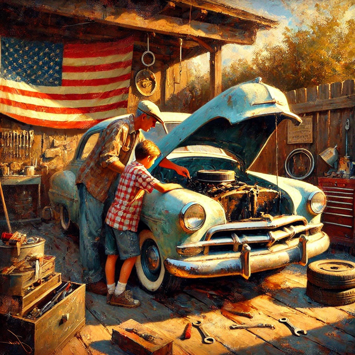Vintage Father & Son Garage Art Print: Rustic Car Repair Scene (Digital Download)