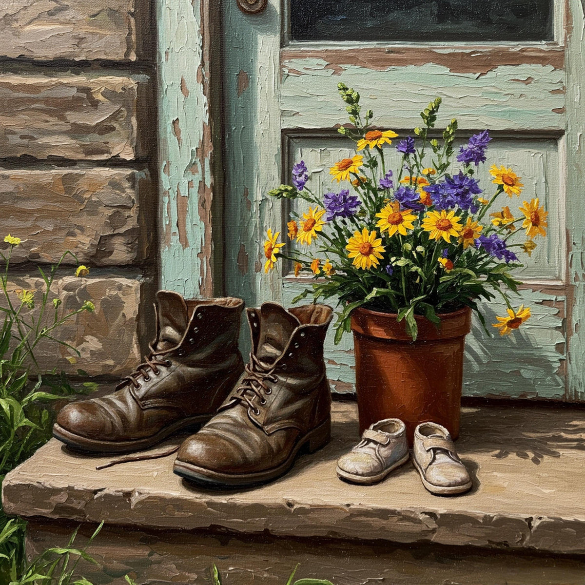 Father's Boots and Child Shoes Art: Rustic Vintage Still Life (Digital Print)