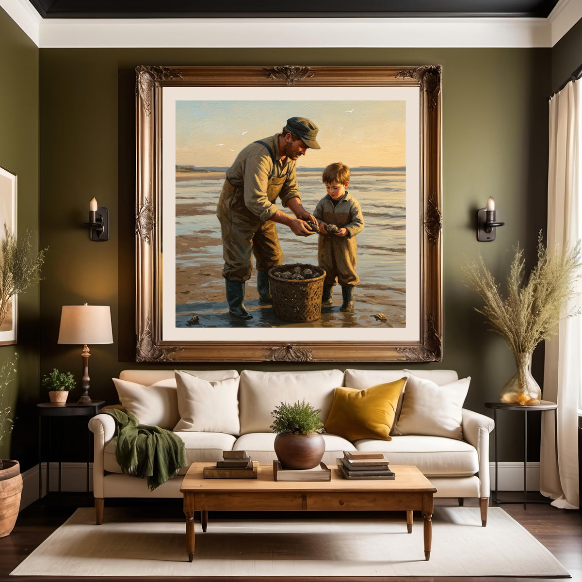 Father and Son Oyster Collecting: Vintage Coastal Art Print (Digital Download)
