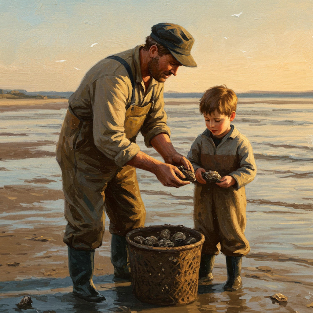 Father and Son Oyster Collecting: Vintage Coastal Art Print (Digital Download)
