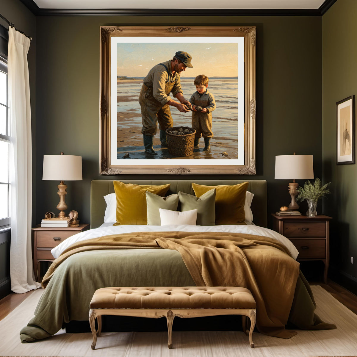 Father and Son Oyster Collecting: Vintage Coastal Art Print (Digital Download)
