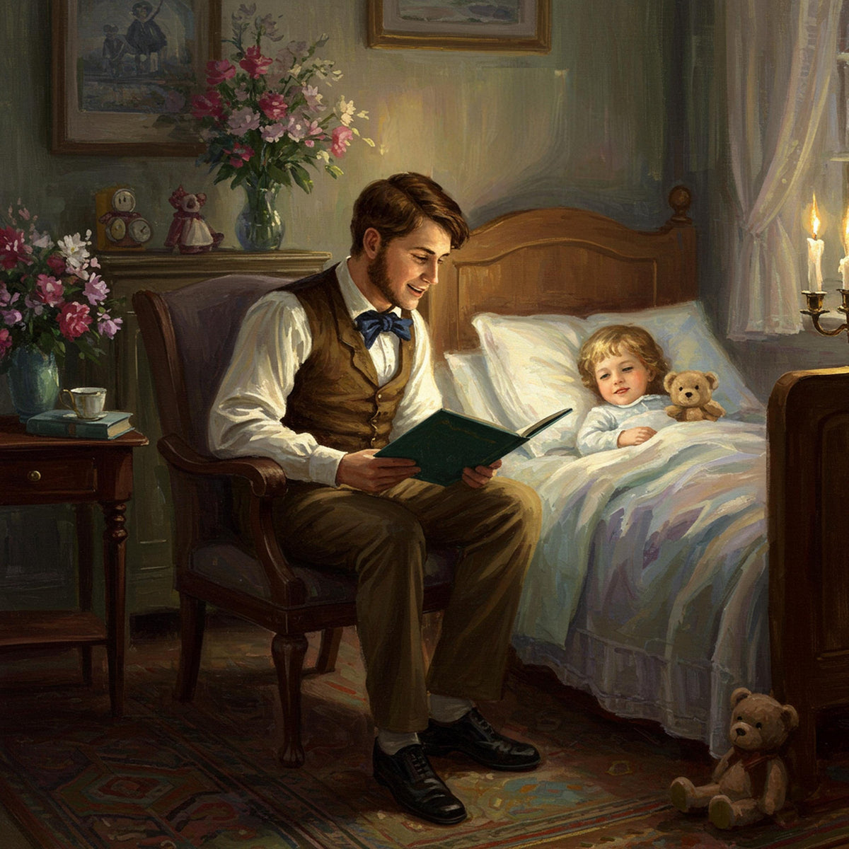 Vintage Father Reading to Child Art Print: Cozy Bedtime Story (Digital Download)