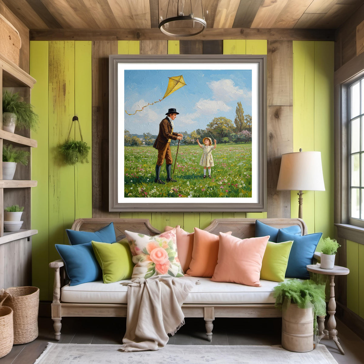Father & Daughter Kite Vintage Painting: Spring Meadow Art (Digital Download)