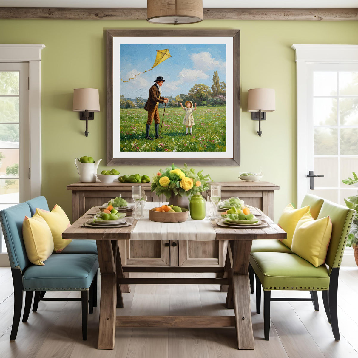 Father & Daughter Kite Vintage Painting: Spring Meadow Art (Digital Download)