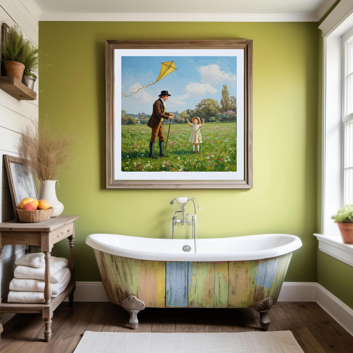 Father & Daughter Kite Vintage Painting: Spring Meadow Art (Digital Download)