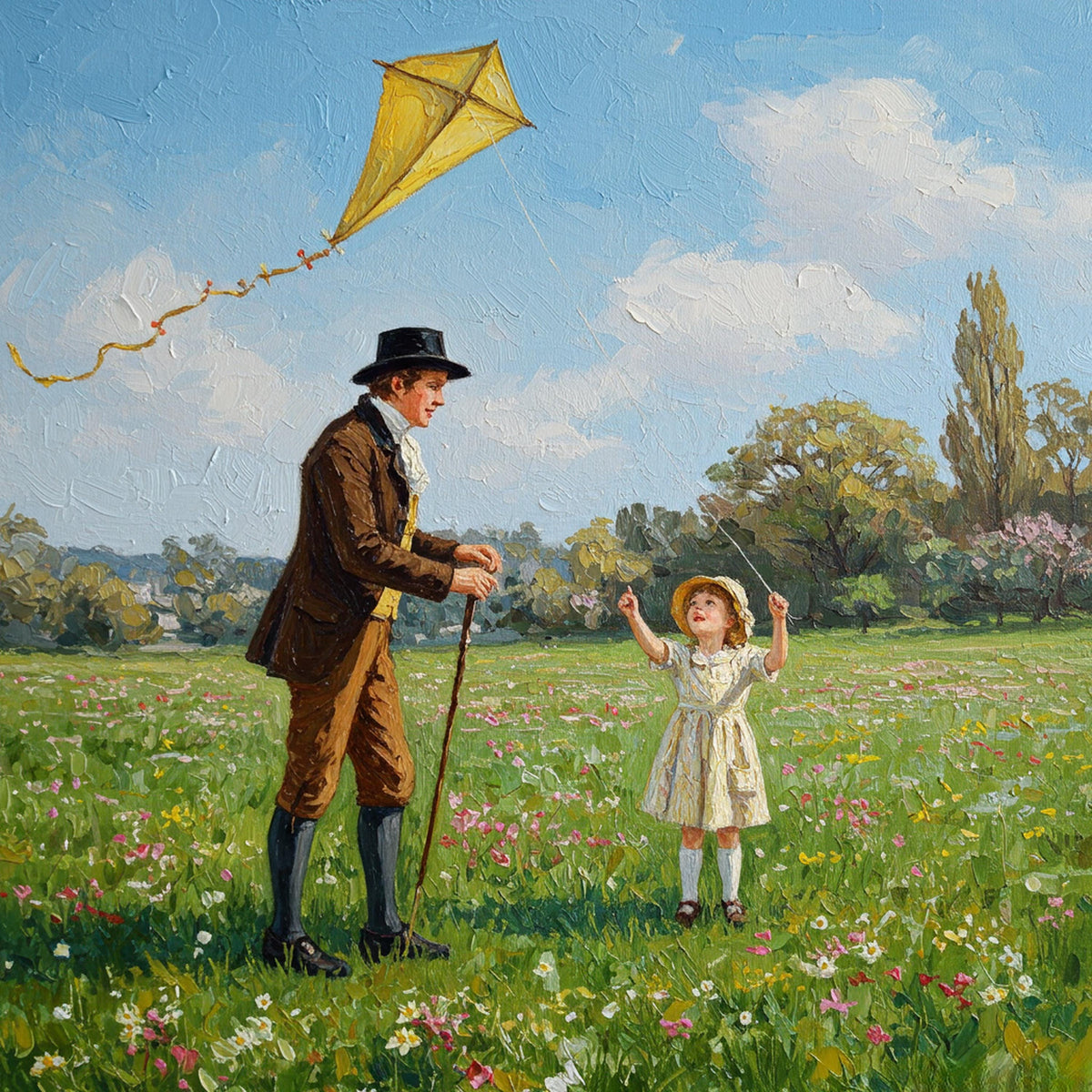 Father & Daughter Kite Vintage Painting: Spring Meadow Art (Digital Download)