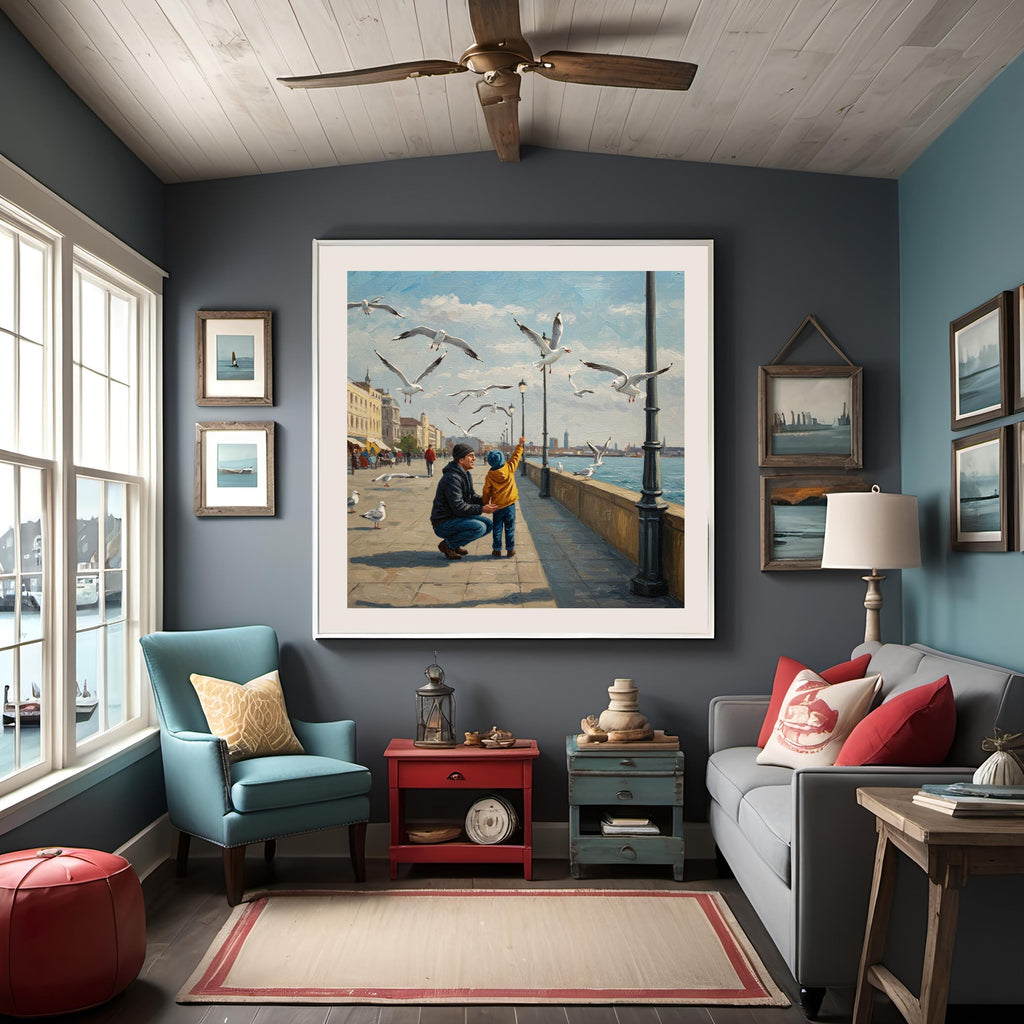 Father and Child Seaside Art Print: Urban Coastal Scene (Digital Download)