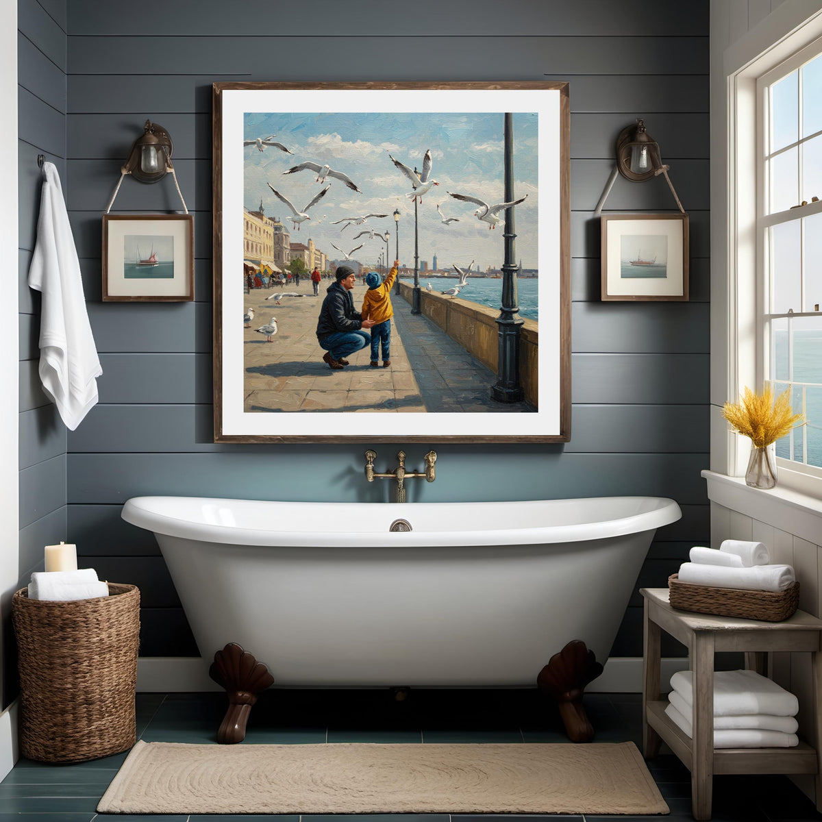Father and Child Seaside Art Print: Urban Coastal Scene (Digital Download)