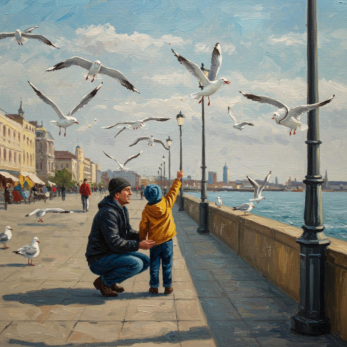 Father and Child Seaside Art Print: Urban Coastal Scene (Digital Download)