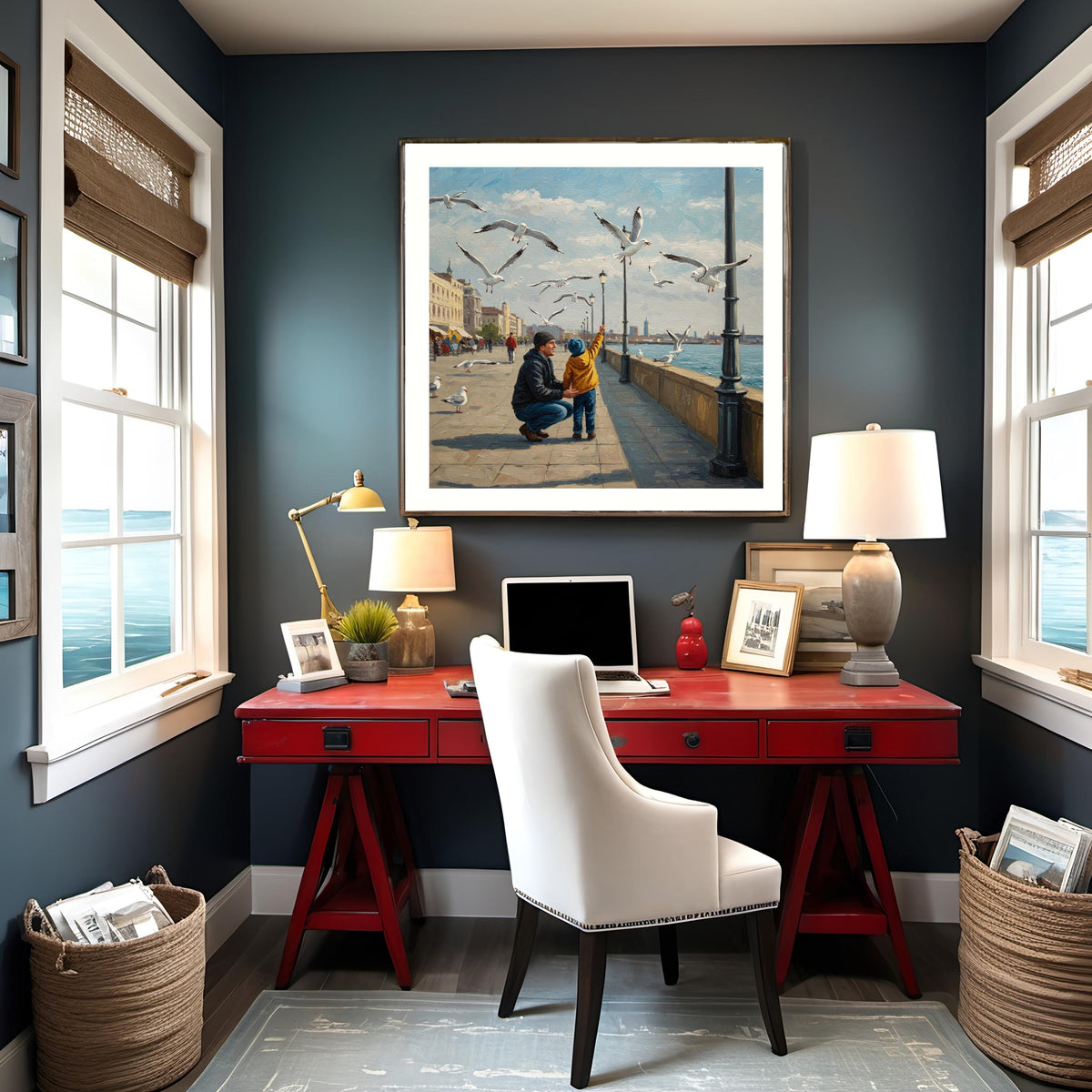Father and Child Seaside Art Print: Urban Coastal Scene (Digital Download)