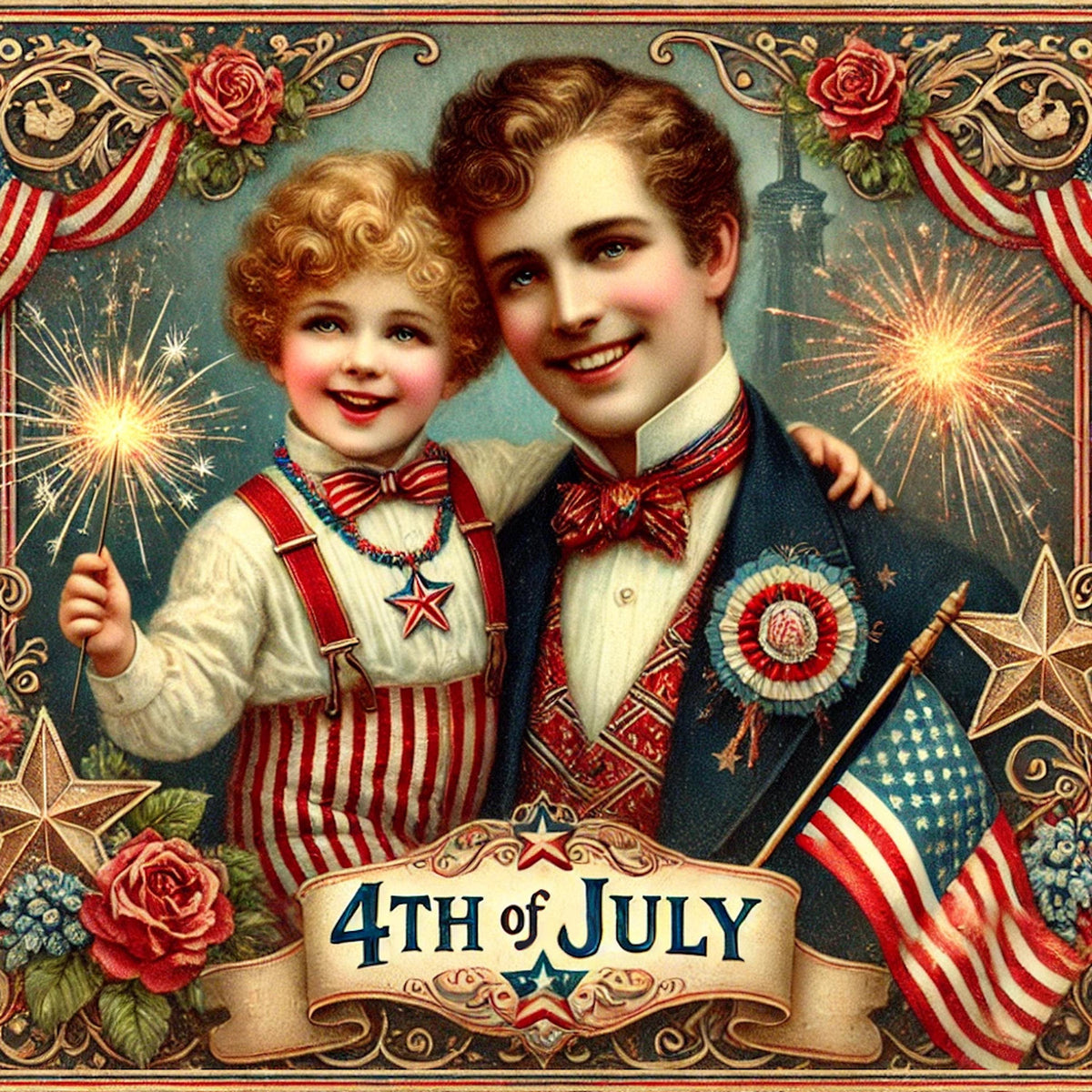 Vintage 4th of July Print: Victorian Father & Son, Americana Decor (Digital Download)